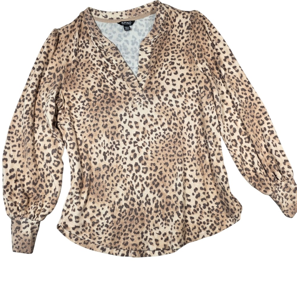 Buffalo David Bitton Soft Leopard Print Knit Top Medium Cozy Puff Sleeve Sweater